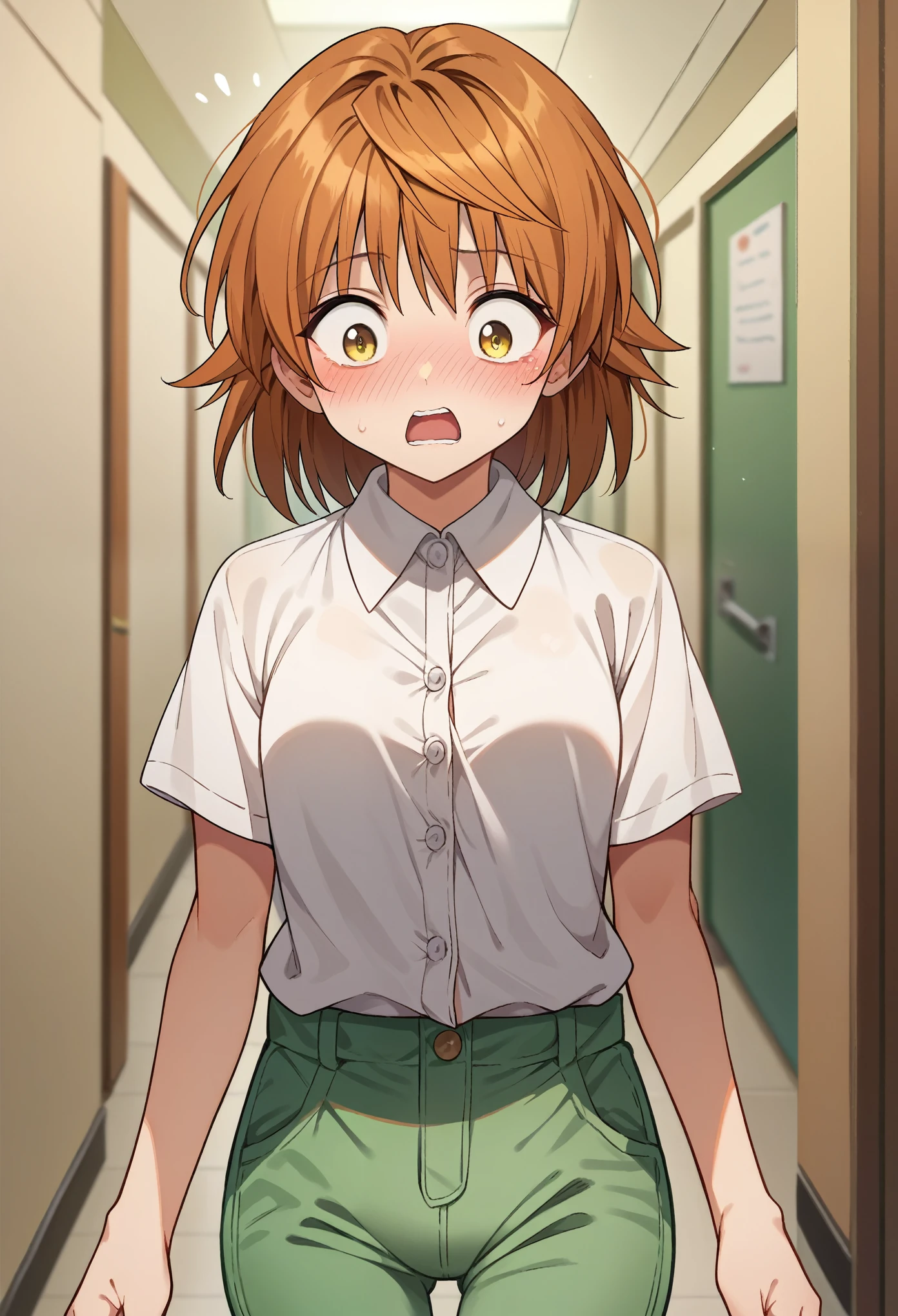 score_9, score_8_up, score_7_up, 1girl, solo, yuusaki riko, yellow eyes, brow hair, medium hair, spiked hair, white shirt, buttons, short slevees, shirt collar, long shirt, , green pants, standing, normal surprised, blushing, oversized clothes, looking down, hallway,