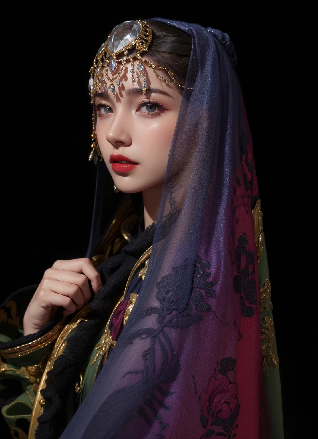 Very detailed, Delicate face, Realistic style, Stock Photography ,  rich and colorful, Surrealism, Realistic textures, Dramatic Lighting, Distiller 800  (8K, original photo, Better quality, masterpiece: 1.2), Very detailed, (Extremely delicate skin: 1.2), 8K Ultra HD, SLR camera, Soft Light, high quality， 冰冻Queen,, snow castle，Blue pupils，Apply red lipstick，Queen，Gorgeous clothing，gem, diamond, Gold Jewelry，Printed lace，Silk dress，Fingers neat