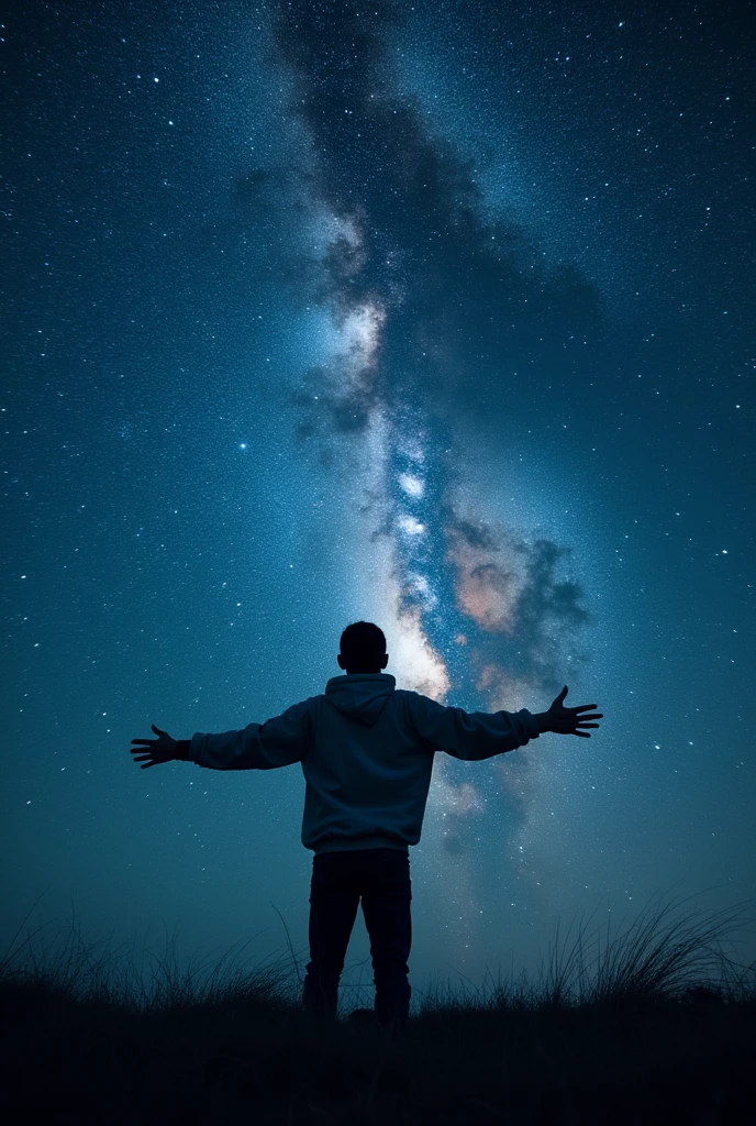 On a very dark night, a silhouette of a man in a sweatshirt with open arms spins at night with the galaxies shining behind him. He is making a half turn.