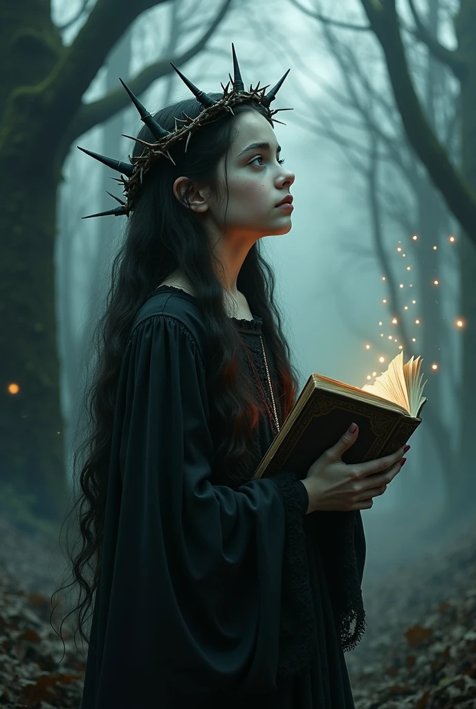 une femme avec une couronne d'épines tenant un bouquin dans ses mains, le regard vers le ciel haut loin, yeux entierement blanc, jeune fille zombie, art fantastique gothique, art de style fantaisie sombre, art fantastique sombre, in style of art fantastique sombre, prêtresse des damnés, jeune fille gothique of the dark, art sombre fantastique, dark fantasy mêlé de réalisme, jeune fille gothique, Portrait de fantaisie sombre, jeune fille gothique shaman, art numérique de fantaisie sombre