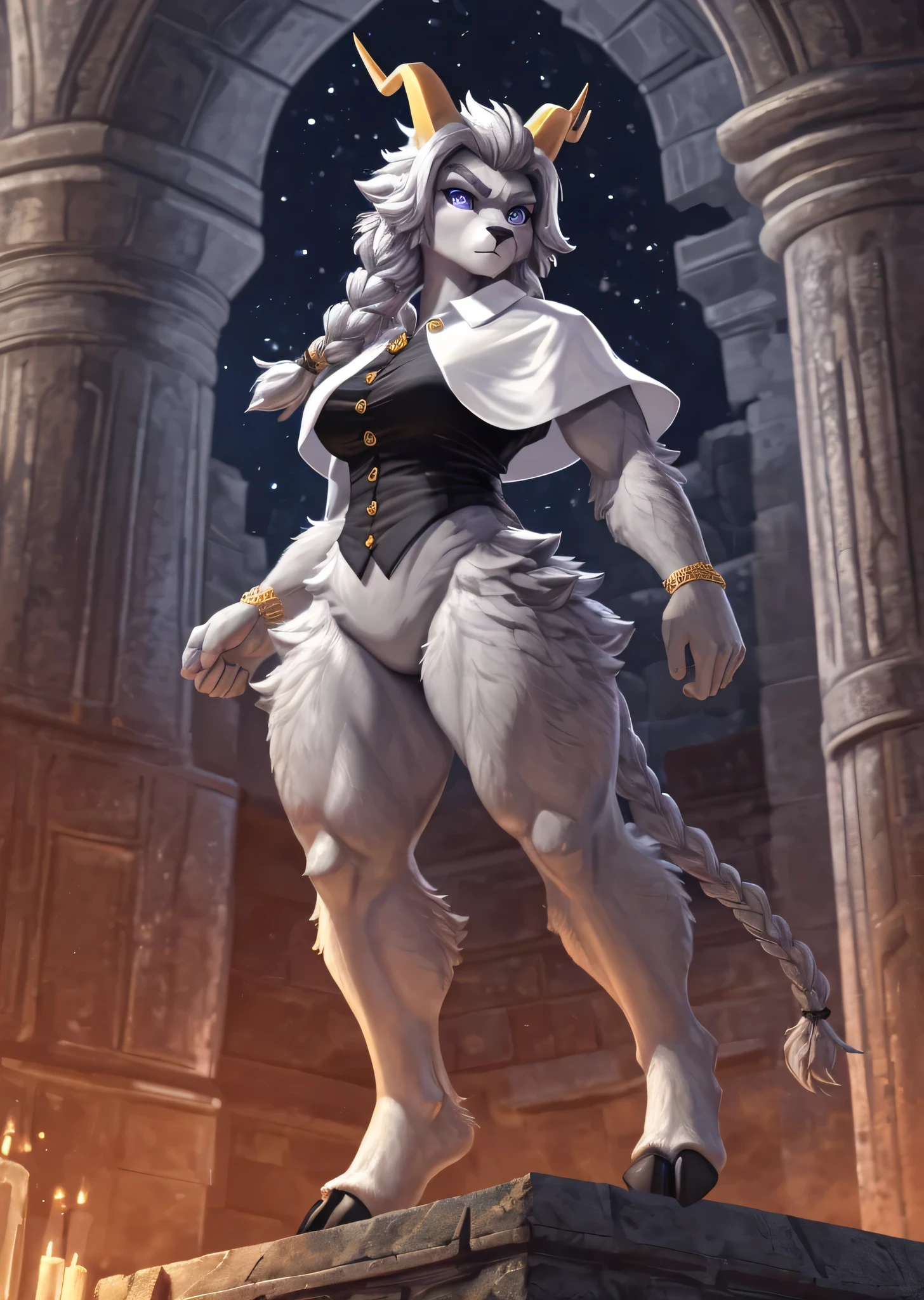 [sybil], [pseudoregalia], ((masterpiece)), ((HD)), ((high res)), ((solo portrait)), ((full body)), ((low angle view)), ((feet visible)), ((detailed fur)), ((intricate details)), ((detailed shading)), {(anthro goat woman), (athletic figure), (grey body fur), (black nose), (long droopy ears), (braided hair), (yellow narly horns), (bushy dark grey eyebrows), (cute indigo eyes), (long grey eyelashes), (medium breasts), (curvy hips), (thick thighs), (beautiful legs), (defined feet), (hooved toes), (angry)}, {(nude), (pantless), (black sleeveless button-up shirt), (gold buttons), (white capelet)}, {(standing), (looking at viewer)}, [ambient lighting, castle ruins, nighttime, moonlight]