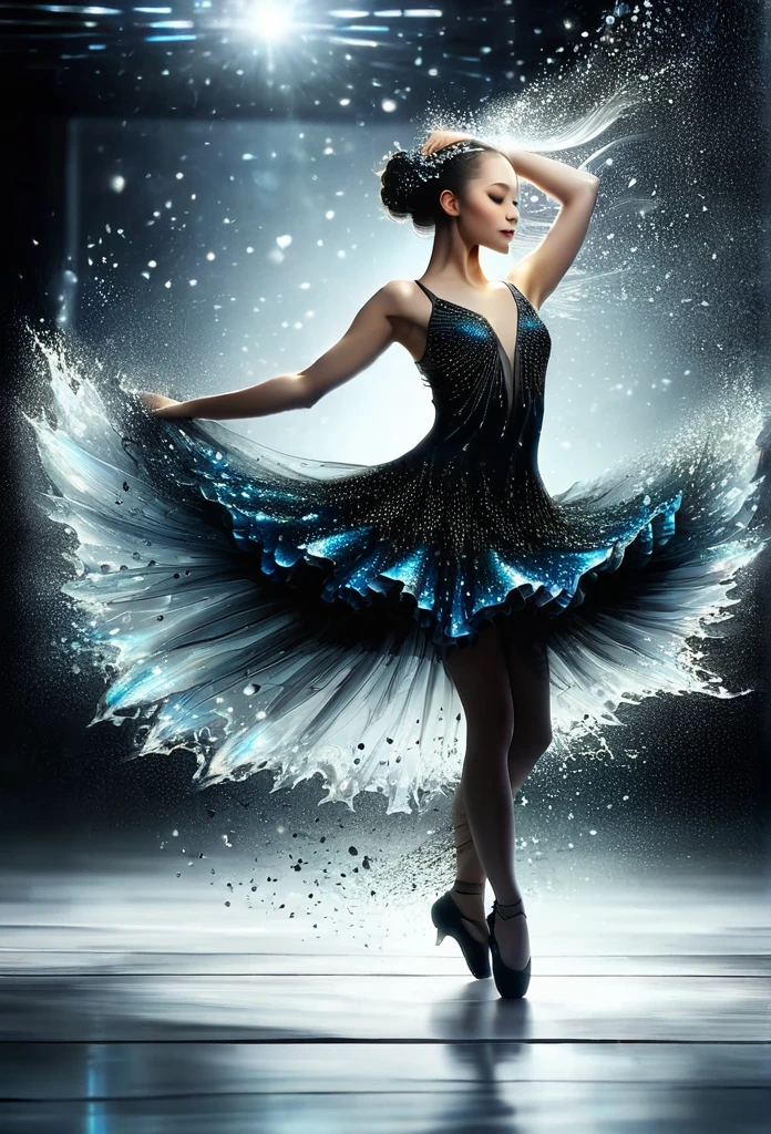 Fairy dancer, illuminated dress,completely black scenery and water mirror floor