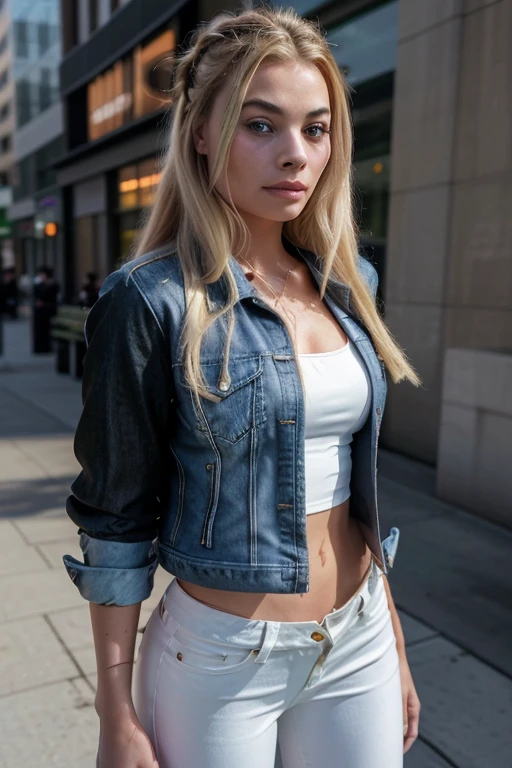 Create a 22-year-old woman with long, straight blonde hair, black eyes, a delicate mouth and a delicate nose.
The image shows a woman with long, straight hair tied in a bun. (Margot Robbie) with her features ultra-realistic graphic, photo shoot global illumination, 4K image, ultra-detailed, Purple blouse and white pants and black heels with a denim jacket