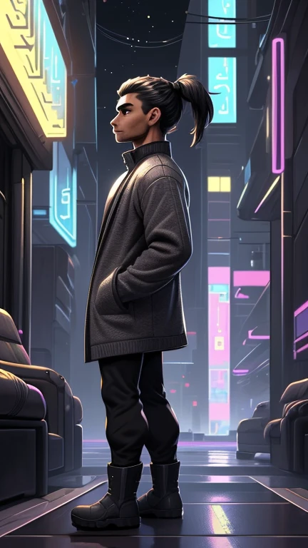 (detailed), (((normal guy))), (Arabic characteristics), ((gray wool jacket)), ((pelo negro rizado Ponytail hairstyle)), ((Ponytail hairstyle)), (calm face), ((by the width)), ((coffee boots)), (((whole body))), ((en una sala cyberpunk)), ((male)), (gray turtleneck sweater), ((only one person)), (at night), seen in profile, cyberpunk