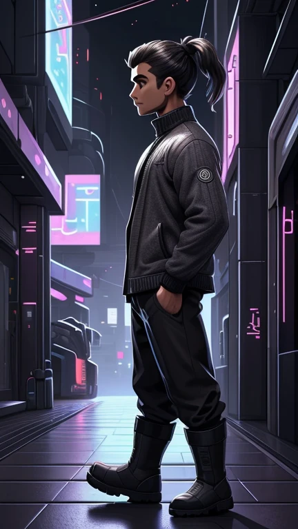 (detailed), (((normal guy))), (Arabic characteristics), ((gray wool jacket)), ((pelo negro rizado Ponytail hairstyle)), ((Ponytail hairstyle)), (calm face), ((by the width)), ((coffee boots)), (((whole body))), ((en una sala cyberpunk)), ((male)), (gray turtleneck sweater), ((only one person)), (at night), seen in profile, cyberpunk