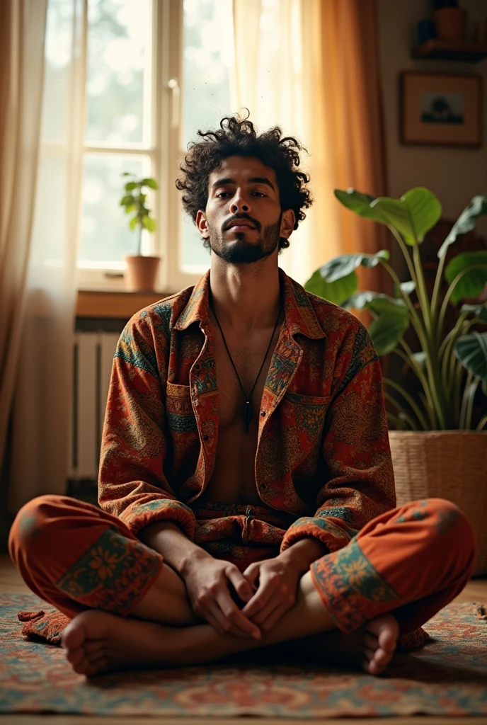 Fait un homme en dessin, assis en tailleur sur le sol, habillé avec de bezux vêtements 
