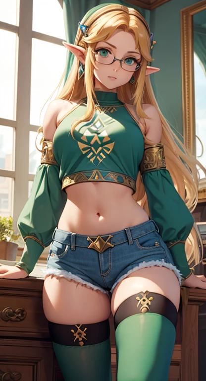masterpiece, best quality, solo, princess Zelda, green eyes, crop top, denim shorts, bedroom, thigh highs, pervert, dainty, glasses