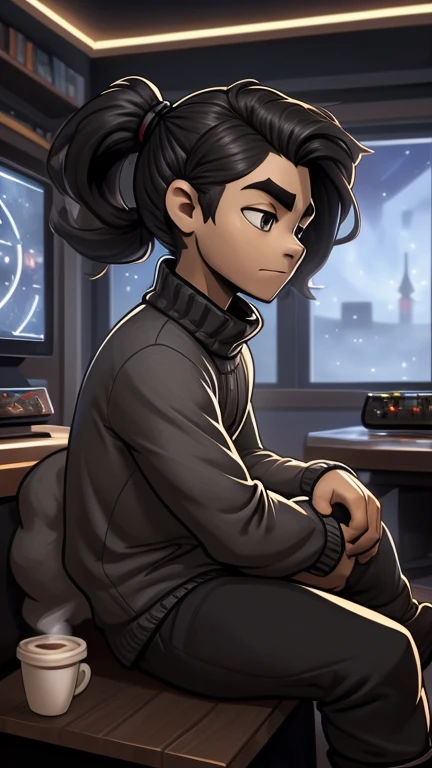 (detailed), (((normal guy))), (Arabic characteristics), ((gray wool jacket)), ((pelo rizado Ponytail hairstyle)), ((Ponytail hairstyle)), (calm face), ((by the width)), ((coffee boots)), (((whole body))), ((sitting in a game room)), ((male)), (gray turtleneck sweater), ((only one person)), (at night), seen in profile