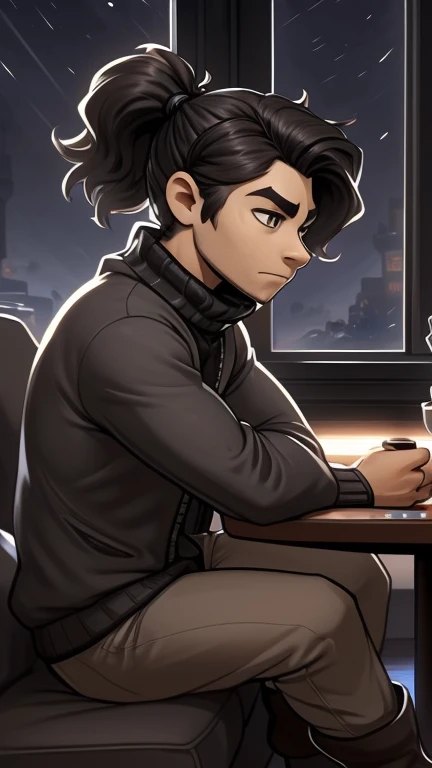 (detailed), (((normal guy))), (Arabic characteristics), ((gray wool jacket)), ((pelo negro rizado Ponytail hairstyle)), ((Ponytail hairstyle)), (calm face), ((by the width)), ((coffee boots)), (((whole body))), ((sitting in a game room)), ((male)), (gray turtleneck sweater), ((only one person)), (at night), seen in profile