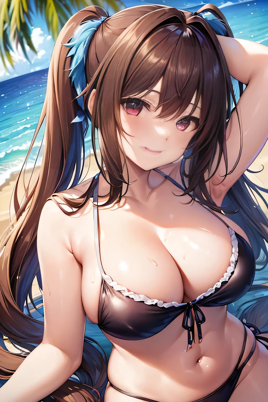 (((masterpiece, best quality, highres, UHD, perfect pixel, depth of field, 4k, RTX, HDR))), 1girl, smile full of happiness, very huge breasts, brown hair, very long hair, twintails, (red eyes:1), collarbone, white bikini, navel, side-tie bikini, (a sexy), beach, ocean, blue sky, looking at viewer, {{Extremely delicate and beautiful}}, the Extremely Detailed CG Unity 8K Wallpapers, (Shiny hair:1.2), (Shiny skin:1.5),
