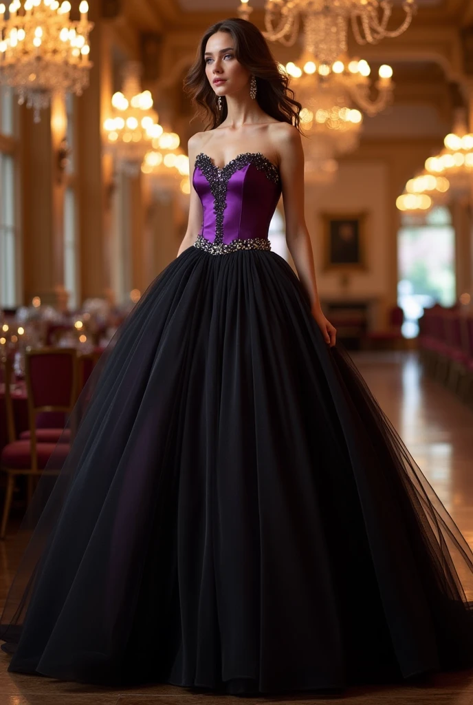 make a debutante dress with a purple bodice and a black skirt