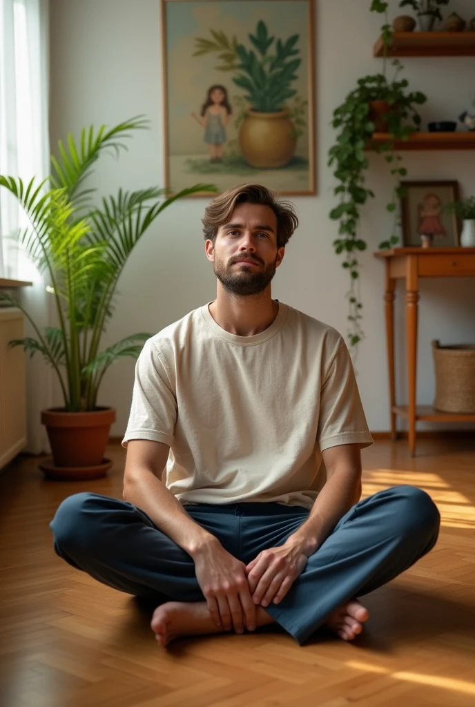 Make a man in a relatively simple drawing to draw, sitting cross-legged on the floor, habillé avec de bezux vêtements