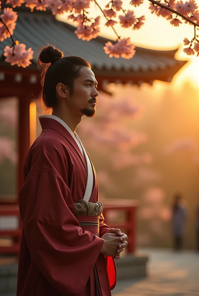 A handsome man with Western features stands in a tranquil Japanese shrine, wearing traditional Japanese clothing. The man exudes a noble and spiritual aura, has a serene and wise expression, and is beardless. He faces the rising sun, a soft light illuminating his face as he recites a prayer. His long hair is tied into a top knot, exuding spirituality. The shrine in the background is lit by the soft light of early morning, creating a peaceful and mystical atmosphere.