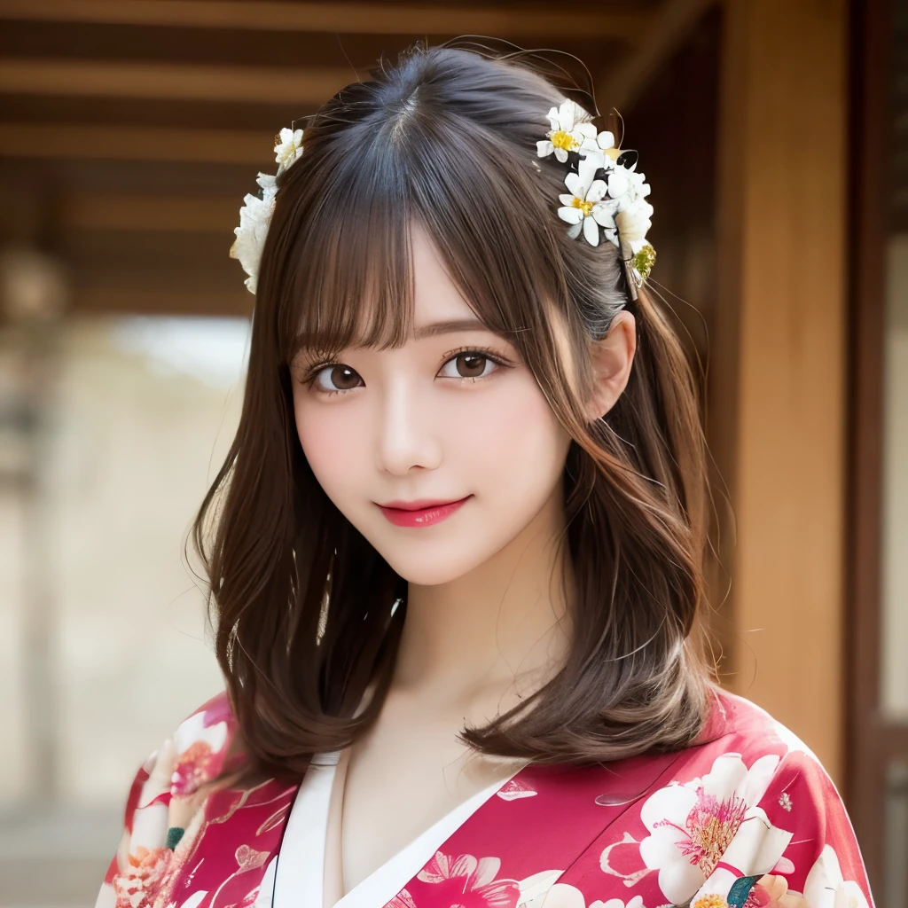 whole body, Highest quality, shape, Very detailed, In detail, High resolution, 8k wallpaper, Perfect dynamic composition, Beautiful details, kimono,Medium Hair, Center of chest, Natural color lip, Random sexy poses,smile,shrine,Flower Hair Ornaments,cute,
