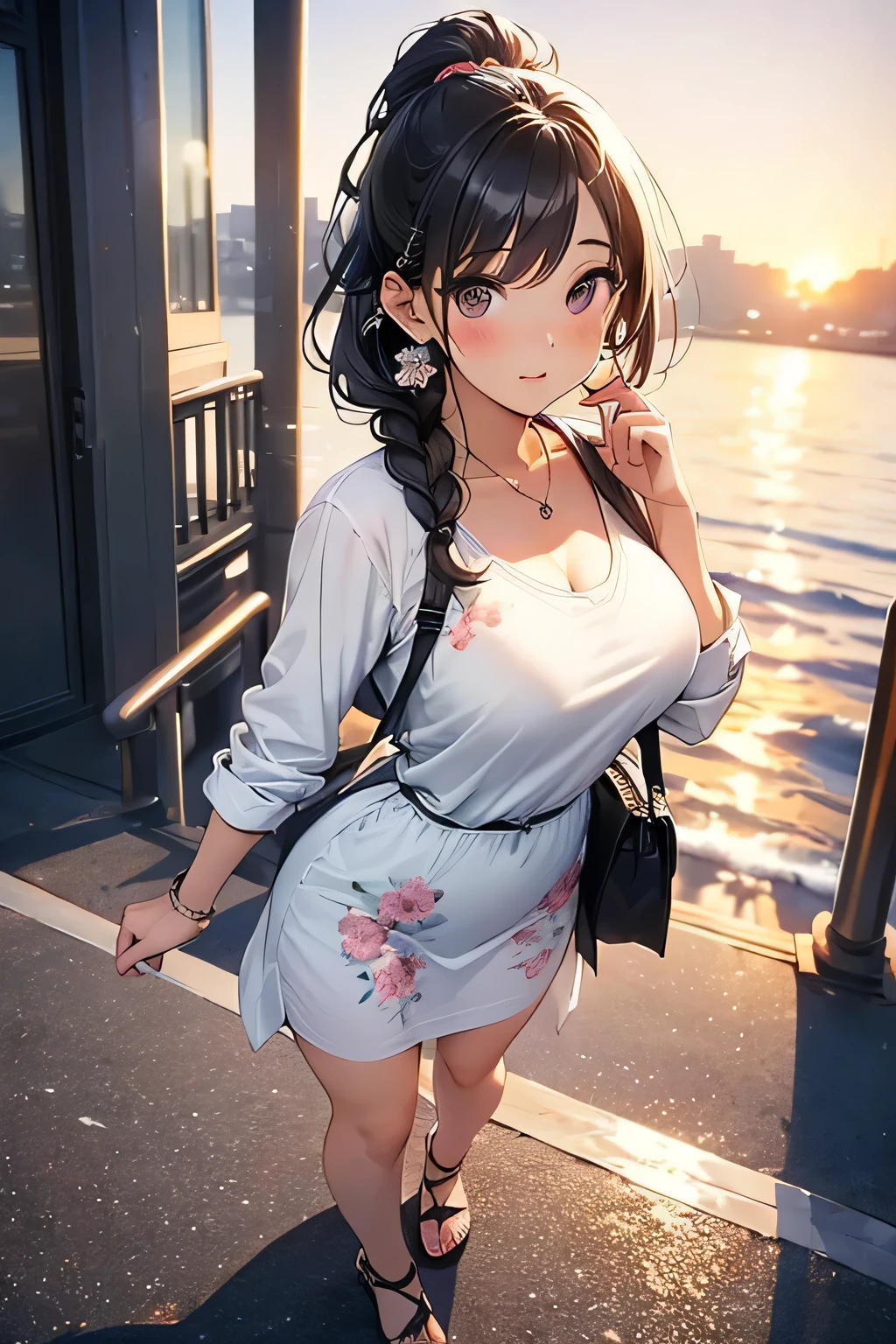 Highest quality、High resolution、Detailed Background、(Beautiful face in every detail:1.4)、Anatomically correct、(Normal number of fingers:1.2)、Highly detailed face、Detailed eyes、Beautiful women in their 20s、(Huge breasts:1.2)、Perfect body line、Braided bob cut、ponytail、Wavy Hairstyle、Cute Eye Makeup、Cute Lip Makeup、Model pose、Cute gestures、Harbor sunset、A seaside promenade at dusk、Show the whole body、
(A beautiful model with a popular spot in the background:1.5)、
I recommend a floral print in soft, spring-like colors.、A clean and feminine dress is cute、
It's stylish to combine a white cardigan, etc., as an outerwear、Casual items such as flat sandals are recommended、
Earrings and necklaces、Combining a wristwatch, etc., will make it look more gorgeous、
Overall, it's a casual but clean look with a dress as the center.、very beautiful