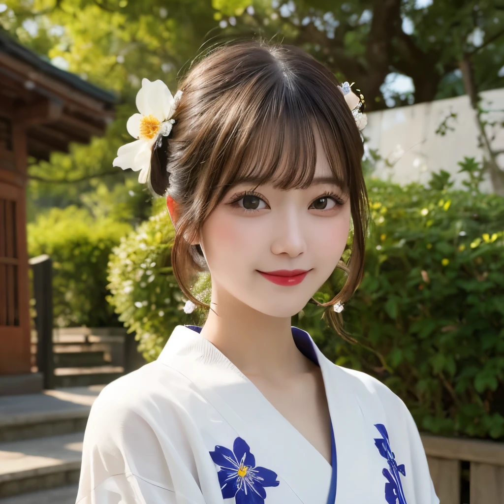 whole body, Highest quality, shape, Very detailed, In detail, High resolution, 8k wallpaper, Perfect dynamic composition, Beautiful details, kimono,Medium Hair, Center of chest, Natural color lip, Random sexy poses,smile,shrine,Flower Hair Ornaments,cute,