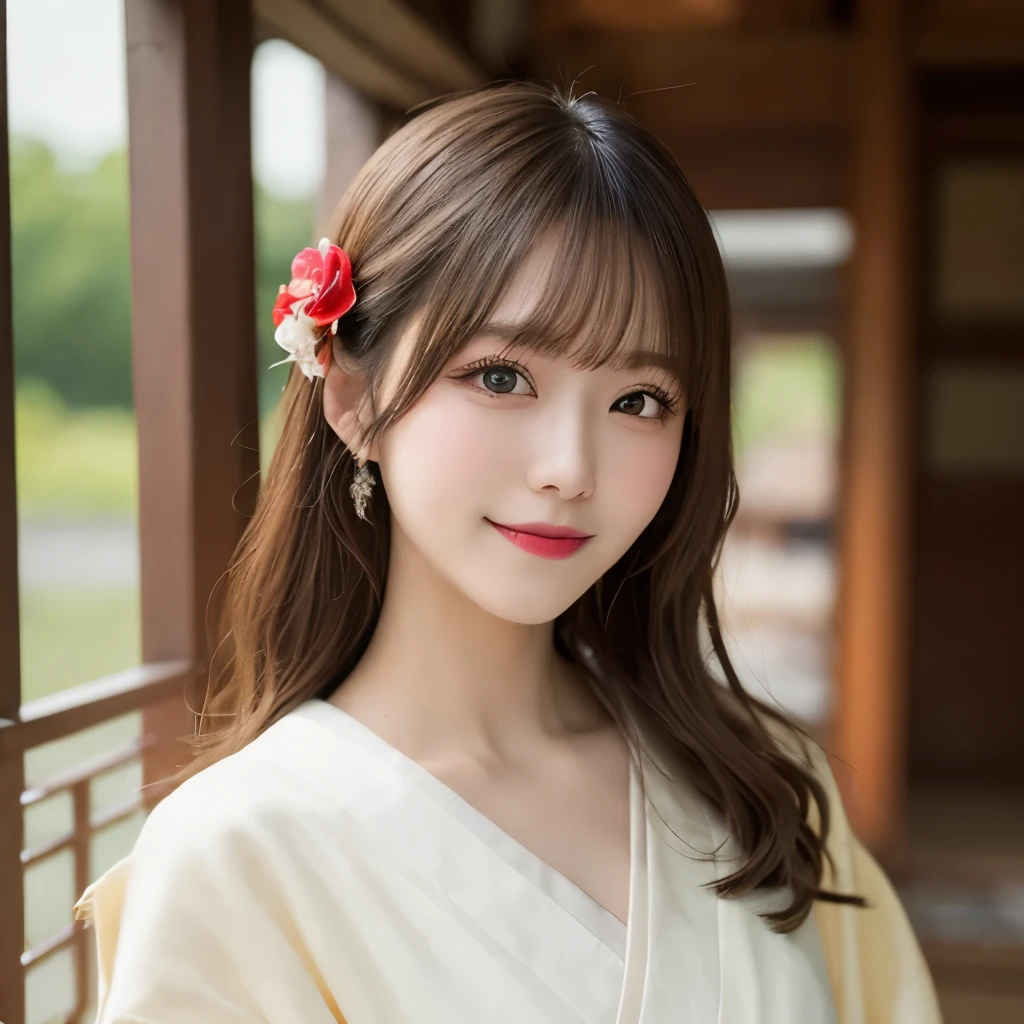whole body, Highest quality, shape, Very detailed, In detail, High resolution, 8k wallpaper, Perfect dynamic composition, Beautiful details, kimono,Medium Hair, Center of chest, Natural color lip, Random sexy poses,smile,shrine,Flower Hair Ornaments,cute,