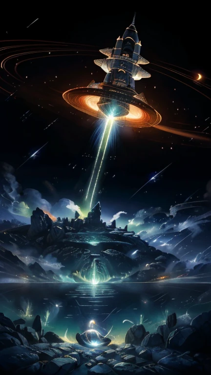 Highest quality, (masterpiece), Very detailed, (Illustrations for novels:1.2), (High resolution:1.2), Dramatic Light, looking at space through long Telescope, space, shooting star, thin lines amidst the planets, Look up, Beautiful Face, gear,Fantasy,On a different planet,A massive and beautiful spaceship stands still.,The spaceship is broken,Outside the spacecraft, There are a lot of wrecked spaceships,Expansiveness,Great details,Cinema Lenses,Wide-angle composition,Hazy,満天のStarry Sky,Indian mythology,laser,Aurora,Shattered rocks fly everywhere.,Fantasy、another world、Starry Sky、3 months、Two Saturns、shooting star、milky way、Multicolored clouds、another world、Expansive ocean、Big waterfall、Countless islands floating in the sky々、Vast views、Wide-angle lens、A view looking down from a high hill. Realistic blurred background. 4K Full HD 60 FPS、Realistic lighting、deep sea,Ancient times,ancient fish,Dolphin,Swim gracefully,未来のdeep sea都市,Atlantis Continent,Reflection of the universe,広大なspace,fusion of the future and the past,Time Transcended,spaceの歪み