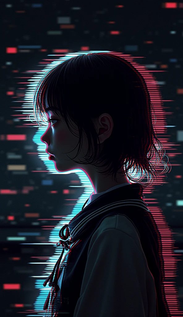 Glitch art movie poster, [sideways facing Japanese school girl] in the center, dark background, glitch colors in the style of strong glitch effect, striped many graphic defects, very detailed, stunning image