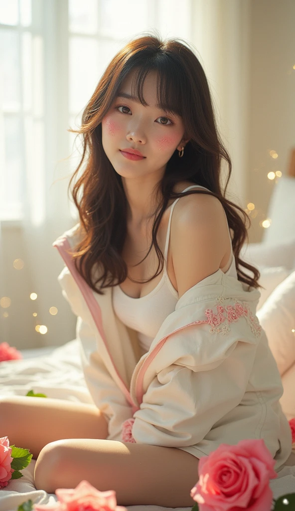 japanaese girl, (top-quality:1.4),(masterpiece:1.3),(Crisp focus:1.2),(Photorealsitic:1.4),(Beautiful Women in Perfect Style:1.4),(drooing eyes:1.2),(Semi-long with bangs),The face is shining,fully body photo,(Reddening cheeks:1.3),
white jacket with pink accents,large white top,sitting on bed near window1.5), roses in bed, she is spreading her legs, she is showing her panty, she is open her legs widely,vibrant and lively hues, captivating, glitter