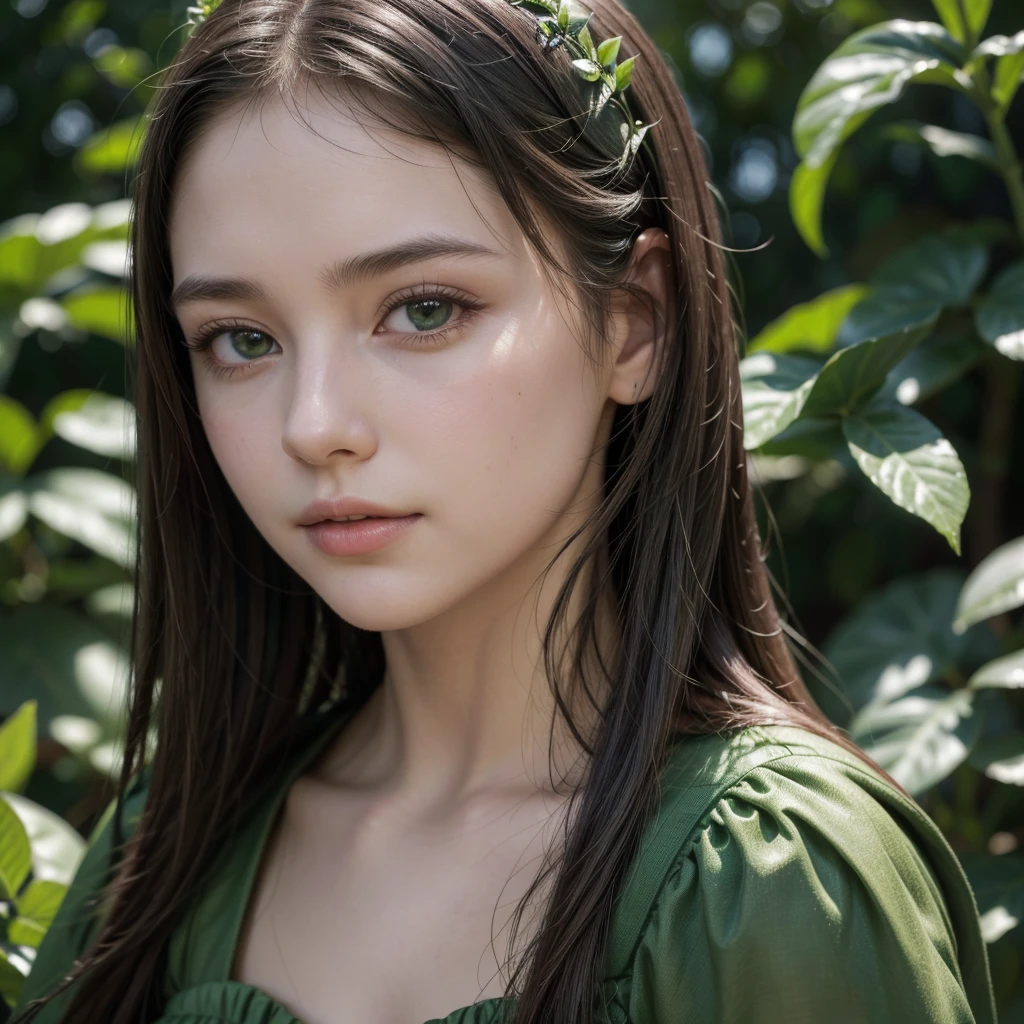 A girl in a garden, beautiful detailed eyes, beautiful detailed lips, extremely detailed eyes and face, long eyelashes, oil painting, intricate botanical details, lush green leaves of Sucupira Branca plant, (best quality,4k,8k,highres,masterpiece:1.2),ultra-detailed,(realistic,photorealistic,photo-realistic:1.37),natural lighting, soft focus, botanical illustration, elegant serif font, dark green title "Sucupira Branca", complementary sans-serif font, small plant icons, light green background
