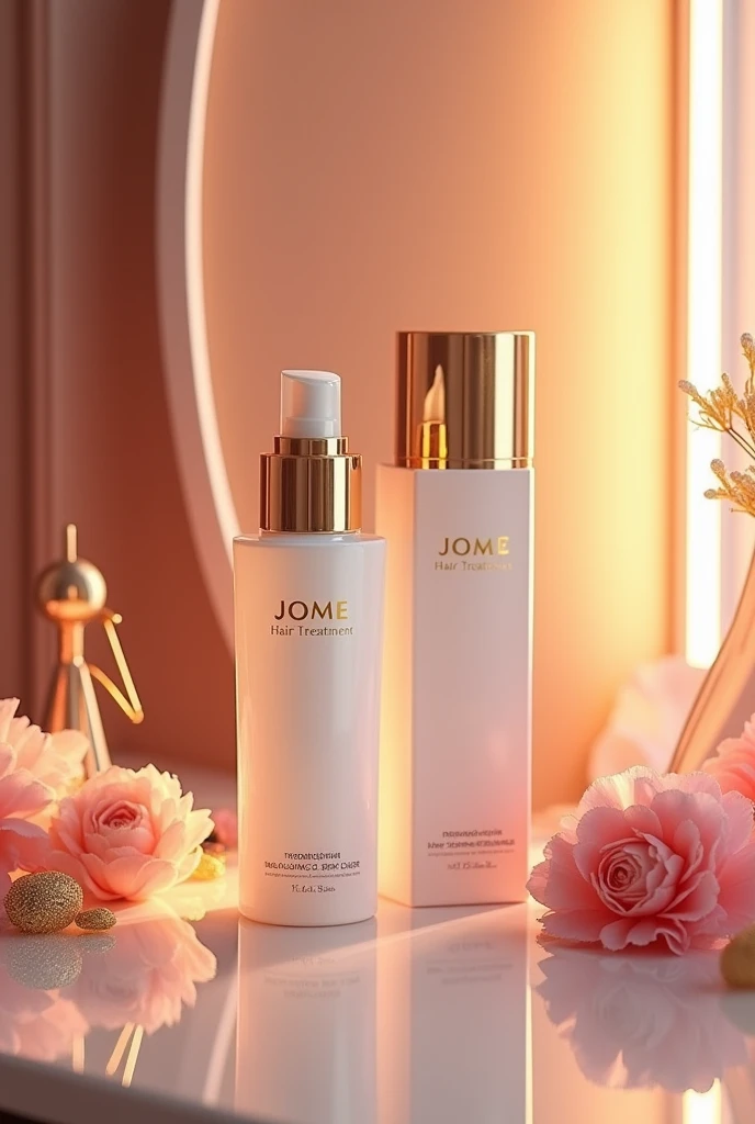 Hair treatment product for damaged hair, whose packaging should be premium line in gold, white and pink with a push-type dispensing valve with an innovative design with the brand name JOME hair treatment and its respective box that appears model