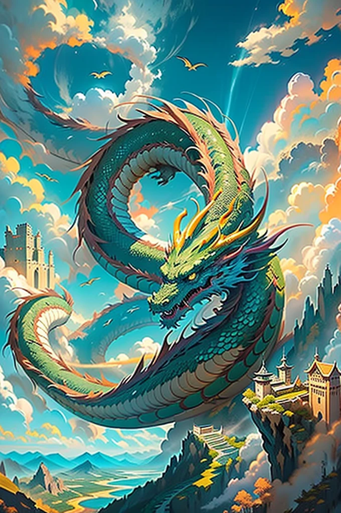 2 giant dragon, oriental dragon, long dragon, flying through the air, above a small mountain, seen from a cliff, clouds around, fantasy art, portrait, detailed scales, intricate details, powerful wings, fierce expression, vibrant colors, dramatic lighting, cinematic composition