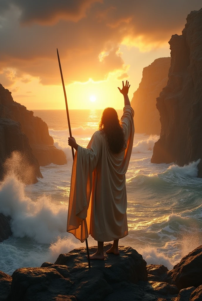 Moses from the coast. raising his staff and opening the Red Sea. ultra-realistc. Cinematic scene. 8 k quality