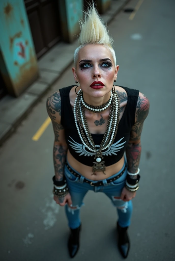 russian milf woman, biker gang member, platinum blonde hair (mohawk), with very light blue eyes, extremely pale, heavy eye shadows (panda eyes) Sad face, smeared make up, smeared red lipstick, runny mascara. Wearing black, raggy  t-shirt without sleeves with evil logo, skinny blue jeans and pointy Chelsea boots . Lots of metallic bracelets and lots of white pearl collars. Tattoed. Many tacky thin studded belts superimposed, excessive silver buckle. Wide loop earrings. Looks up, overwhelmed: she tinks God is speaking to her. Open mouth, bowed legs