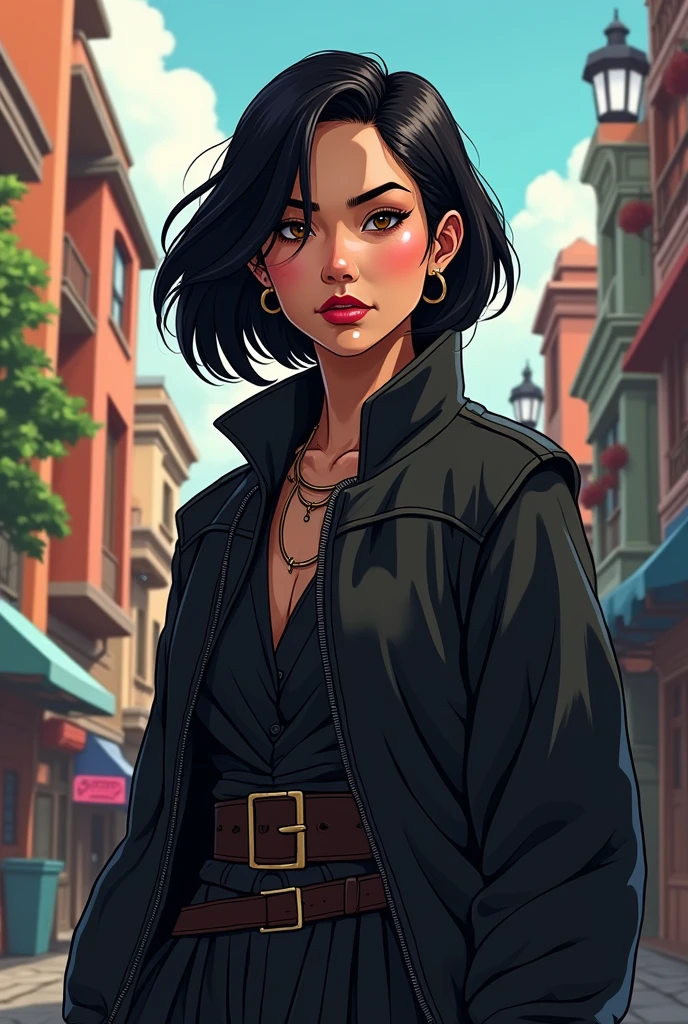 Simple Latina woman in her 50s, Her hair is short and black, your eyes are brown, Her skin is white, Her expression is serious and kind, Her clothes are in shades of black, Digital illustration of video game characters