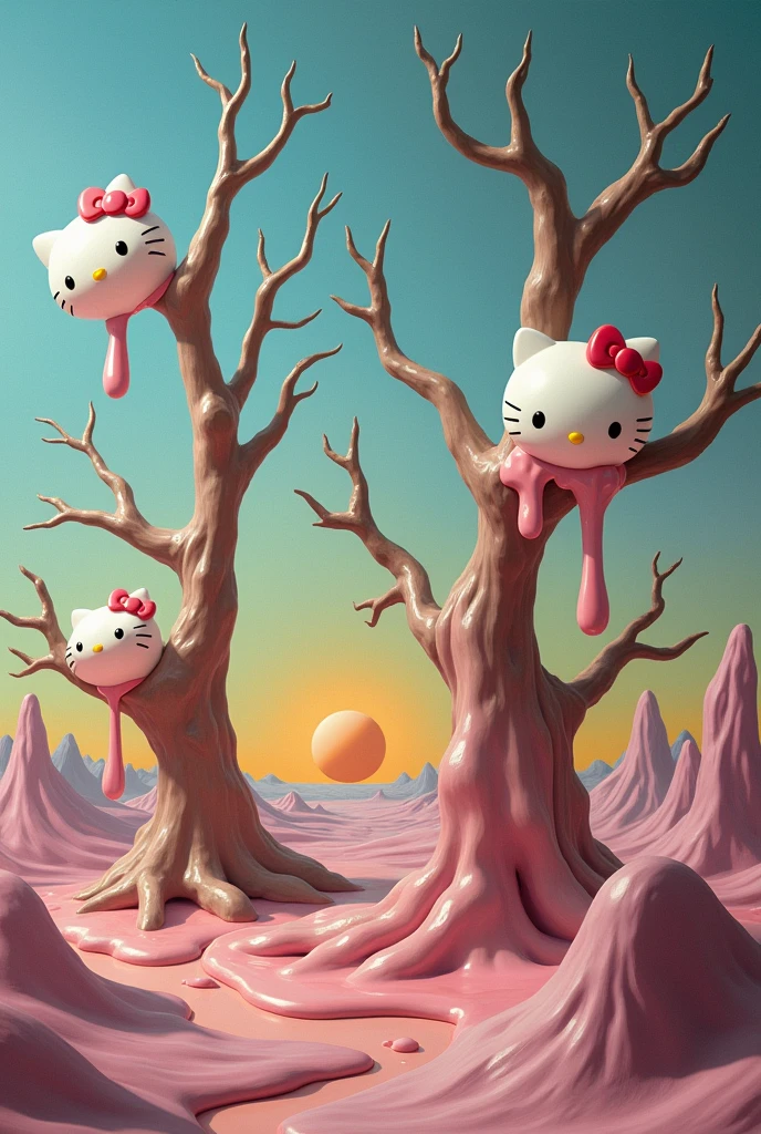 Can you create me an image of Salvador Dali&#39;s work The Persistence of Memory but instead of melting clocks make melting Hello Kittys?