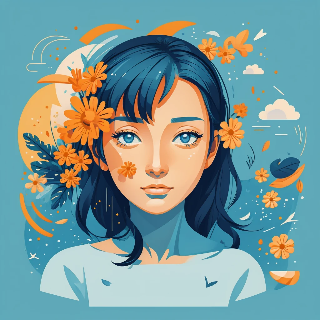 Abstract summer, minimal, vector, a combination of natural and geometric, two-dimensional, more than using the color code 0099bf blue tone and palette, dark blue pastel color, using very little warm colors with yellow and orange tones, the face of a girl above 16 years randomly in different directions and looking, a combination of analytical and abstract cubism style