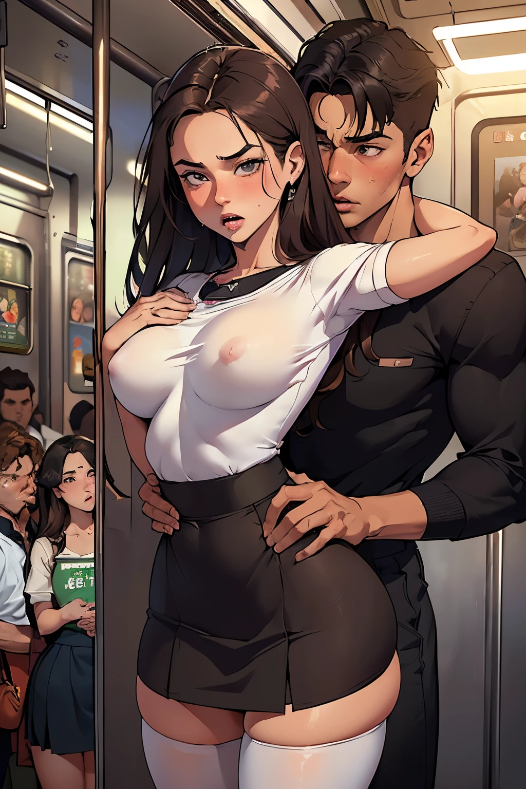 (SFW), ((photorealistic)), (masterpiece), (best quality:1.3), absurdness, [:intricate details1.3], SFW, realistic, masterpiece, (((VERY crowded subway train interior detailed scenario, VERY crowded subway train interior detailed background))), standing insanely hot (young 1) using sexy ((skirt)), ((behind skirt lifted)), ((3/4 white stockings)), ((big ass)), ((thick thighs)), ((fear/shocked expression)), (blushed face), (perfect body proportions)), young small/skinny teen boy aroping young small girl 1 fehind, (((young small/skinny teen bessing his chon young woman 1 back))) and (((holding her waist behind her)))
Completed