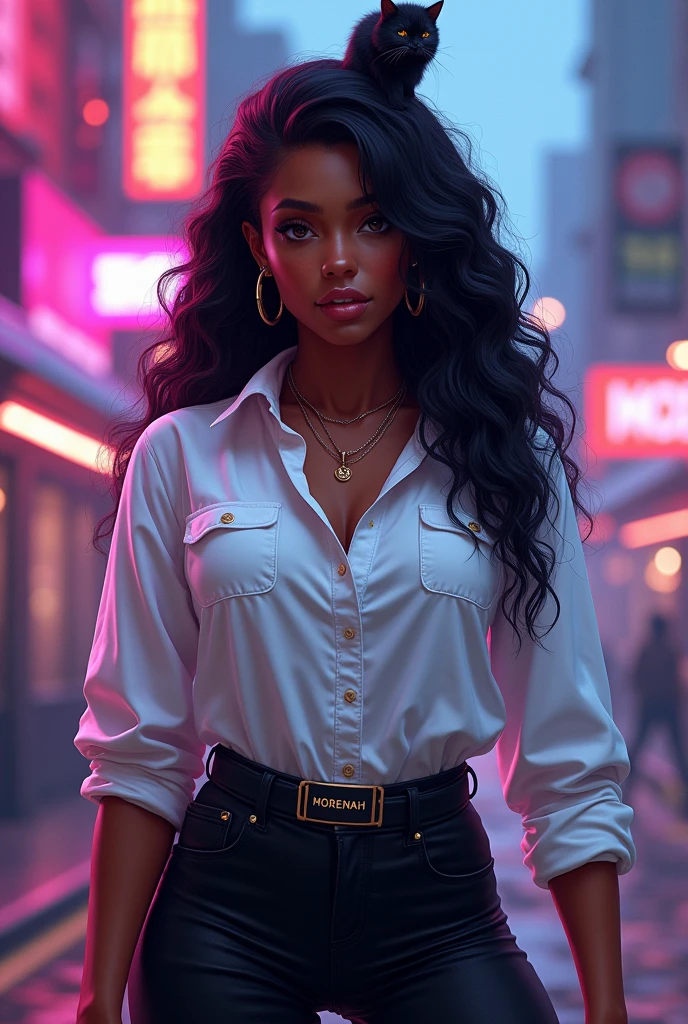 A dark-skinned female character, around 28 years old, with long black curly hair, brown eyes, wearing a long-sleeved white shirt, black pants, and ample breasts in harmony with a necklace bearing the name MORENAH in a large, gamer-style avatar, also wearing a Barret. 