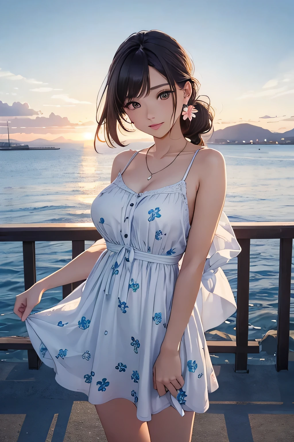 Highest quality、High resolution、Detailed Background、(Beautiful face in every detail:1.4)、Anatomically correct、(Normal number of fingers:1.2)、Highly detailed face、Detailed eyes、Beautiful women in their 20s、(Huge breasts:1.2)、Perfect body line、Braided bob cut、ponytail、Wavy Hairstyle、Cute Eye Makeup、Cute Lip Makeup、Model pose、Cute gestures、Harbor sunset、A seaside promenade at dusk、Show the whole body、
(A beautiful model with a popular spot in the background:1.5)、
I recommend a floral print in soft, spring-like colors.、A clean and feminine dress is cute、
It's stylish to combine a white cardigan, etc., as an outerwear、Casual items such as flat sandals are recommended、
Earrings and necklaces、Combining a wristwatch, etc., will make it look more gorgeous、
Overall, it's a casual but clean look with a dress as the center.、very beautiful