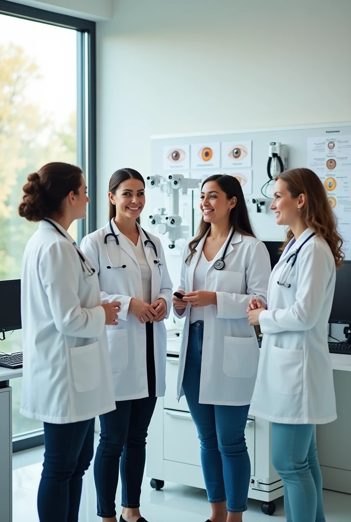 Thank you very much for watching this presentation. four female optometrists in coats, retinoscopy and things that an optometrist or ophthalmologist would have