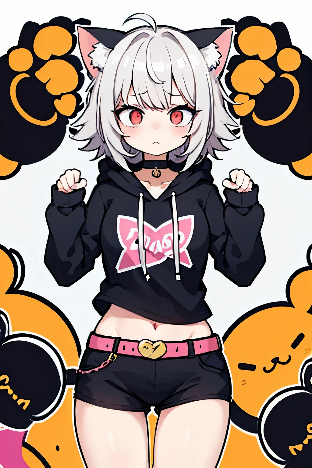 cute anime girl, short very messy hair with long bangs, wearing a hoodie, wearing a belt choker, looking shy, nervous, flustered expression, doing cat paw pose, nya pose, shy girl, nervous girl, basic white background simple