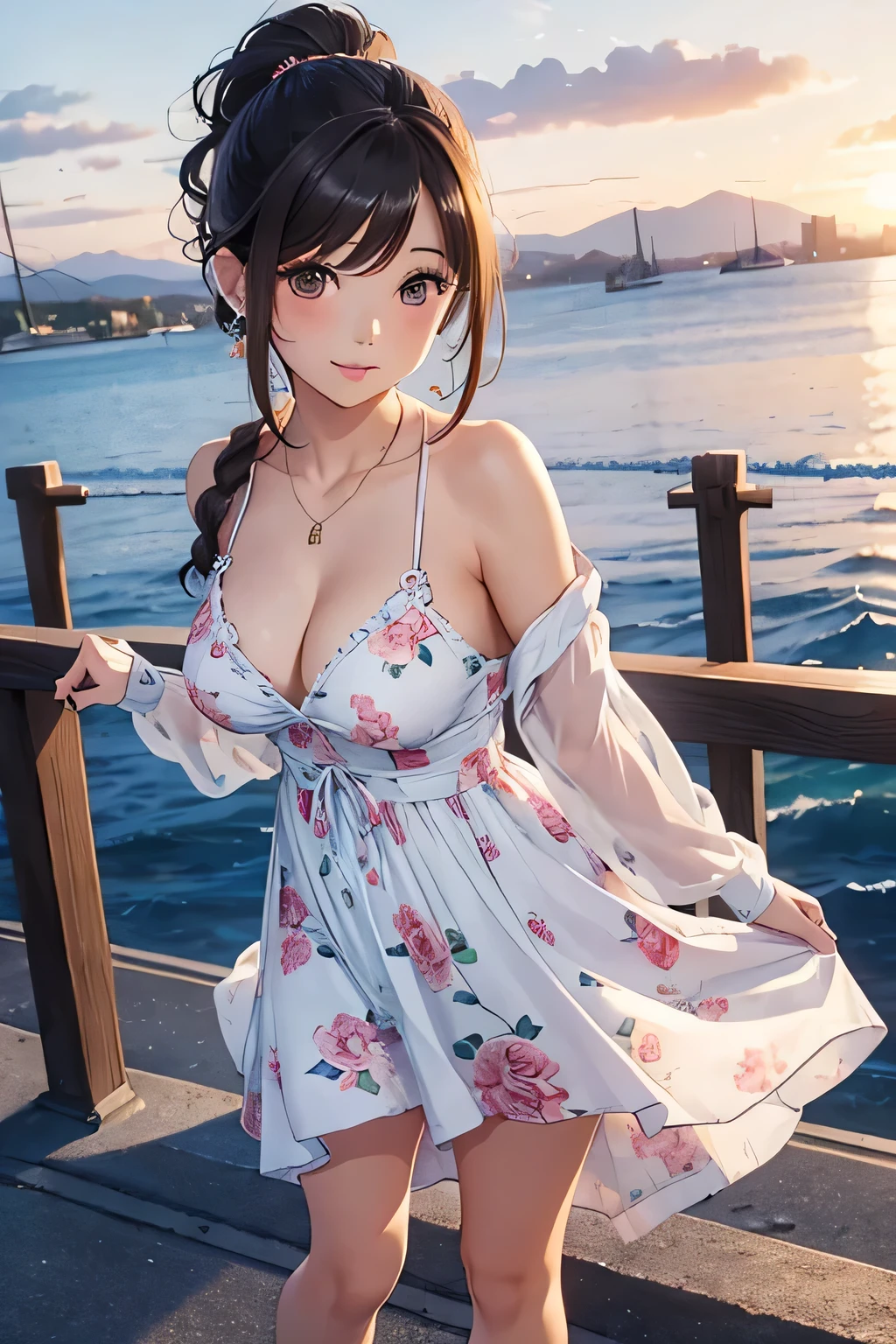 Highest quality、High resolution、Detailed Background、(Beautiful face in every detail:1.4)、Anatomically correct、(Normal number of fingers:1.2)、Highly detailed face、Detailed eyes、Beautiful women in their 20s、(Huge breasts:1.2)、Perfect body line、Braided bob cut、ponytail、Wavy Hairstyle、Cute Eye Makeup、Cute Lip Makeup、Model pose、Cute gestures、Harbor sunset、A seaside promenade at dusk、Show the whole body、
(A beautiful model with a popular spot in the background:1.5)、
I recommend a floral print in soft, spring-like colors.、A clean and feminine dress is cute、
It's stylish to combine a white cardigan, etc., as an outerwear、Casual items such as flat sandals are recommended、
Earrings and necklaces、Combining a wristwatch, etc., will make it look more gorgeous、
Overall, it's a casual but clean look with a dress as the center.、very beautiful