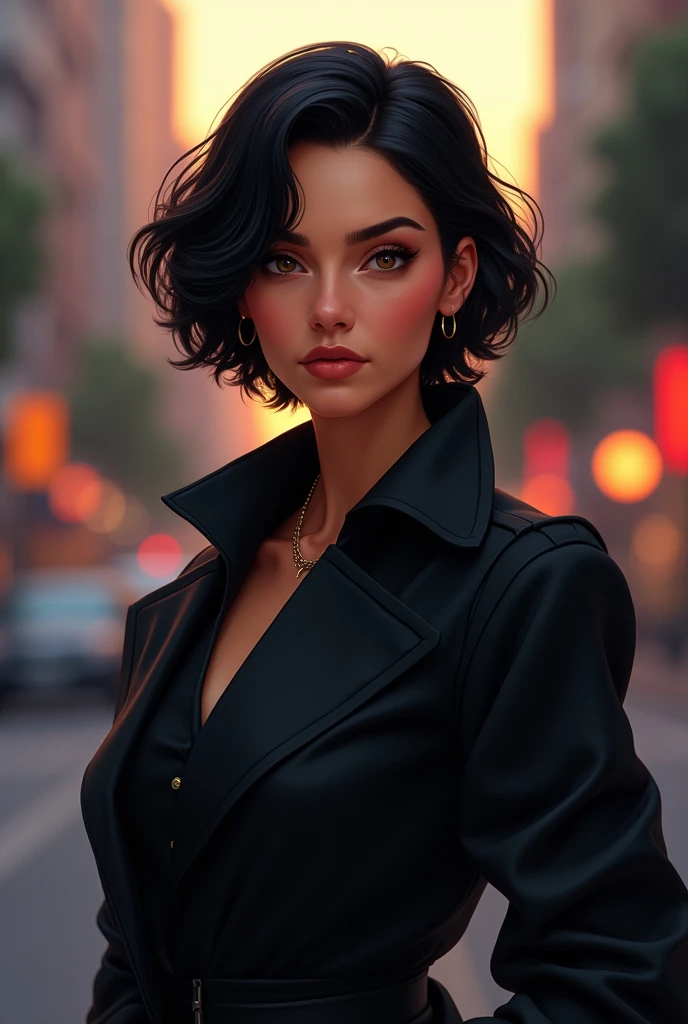 Simple Latina woman in her 50s, Her hair is short and black, your eyes are brown, Her skin is white, Her expression is serious and kind, Her clothes are in shades of black, Digital illustration of video game characters