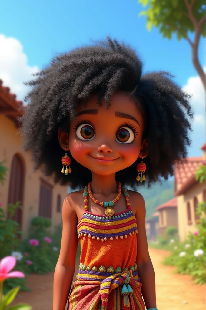 A cute indigenous girl with cute black curly hair in the Pixar style