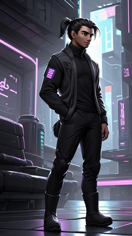 (detailed), (((normal guy))), (Arabic characteristics), ((gray wool jacket)), ((pelo negro rizado Ponytail hairstyle)), ((Ponytail hairstyle)), (calm face), ((by the width)), ((coffee boots)), (((whole body))), ((en una sala cyberpunk)), ((male)), (gray turtleneck sweater), ((only one person)), (at night), cyberpunk