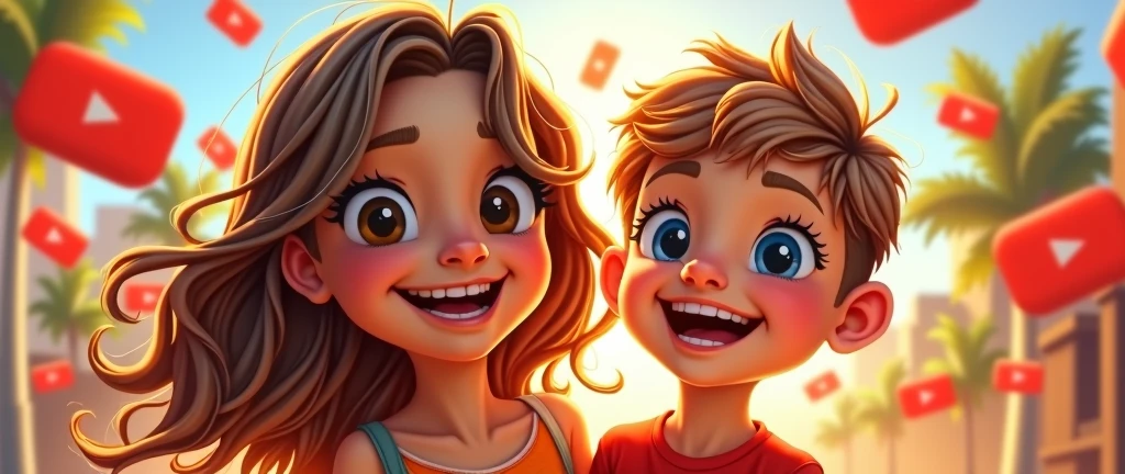 a girl young with long, wavy brown hair and tanned skin. She has brown light eyes. She is smiling brightly and a 4 years old He has light skin, short light brown hair with bangs. Blue eyes. He is smiling brightly, anime girl and anime boy, youtube logo,tyoutube logo in air,dynamic composition,playful,high quality,8k,detailed,sharp focus,vibrant colors,beautiful detailed eyes,beautiful detailed lips,extremely detailed face,longeyelashes,digital painting,concept art,perfect for gamers