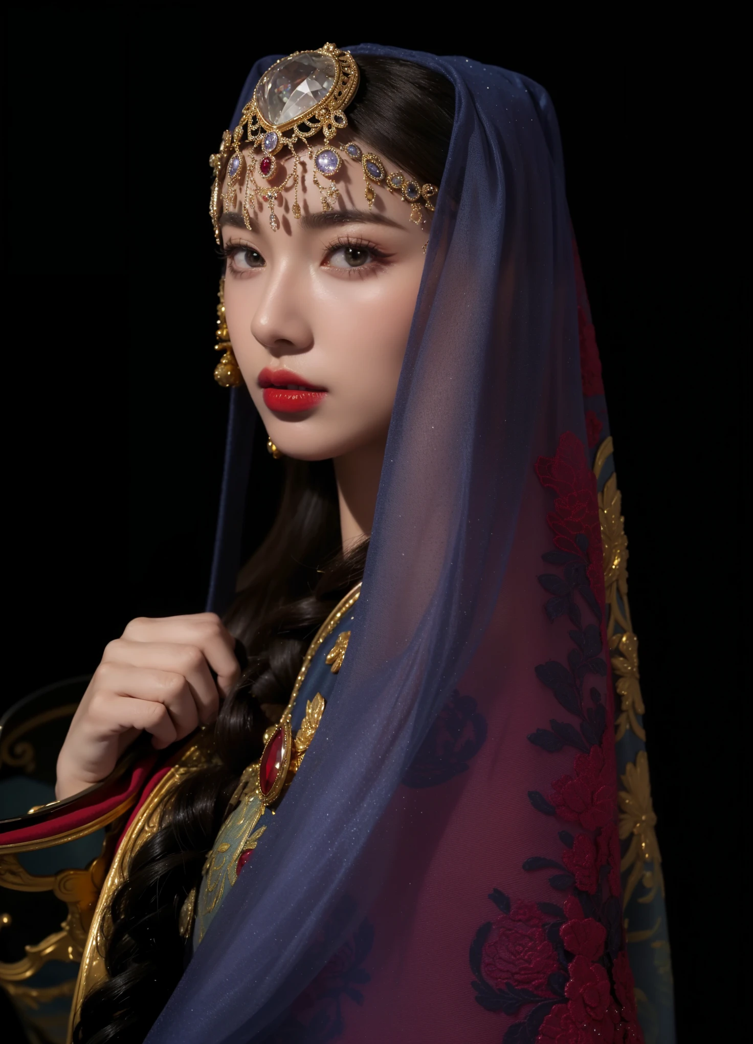Very detailed, Delicate face, Realistic style, Stock Photography , rich and colorful, Surrealism, Realistic textures, Dramatic Lighting, Distiller 800 (8K, original photo, Better quality, masterpiece: 1.2), Very detailed, (Extremely delicate skin: 1.2), 8K Ultra HD, SLR camera, Soft Light, high quality, 冰冻Queen,, snow castle,Blue pupils,Apply red lipstick,Queen,Gorgeous clothing,gem, diamond, Gold Jewelry,Printed lace,Silk dress,Fingers neat