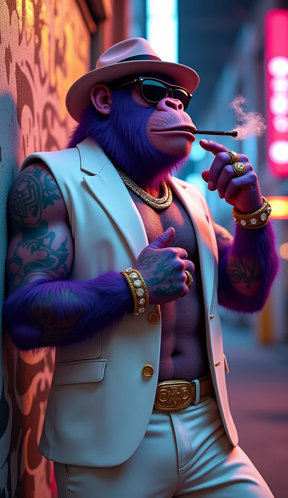 Purple Ape, wearing a white gangster suit with chains, tattooed, with huge diamond and gold rings, smoking with a pipe, pointing with his fingers to the right