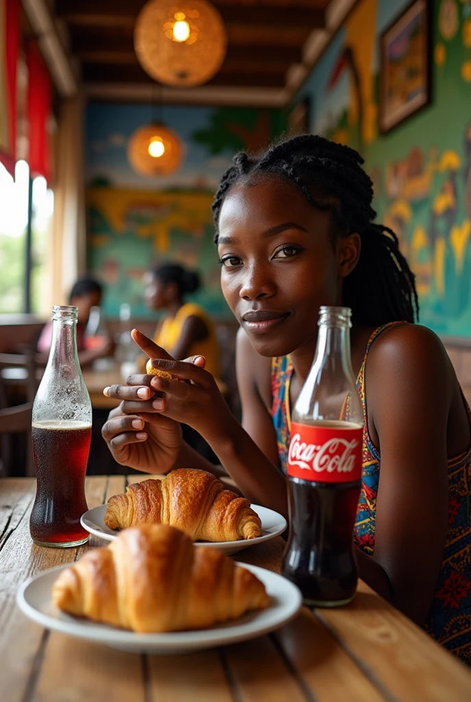 africaine a une table avec un croisant et coca cola