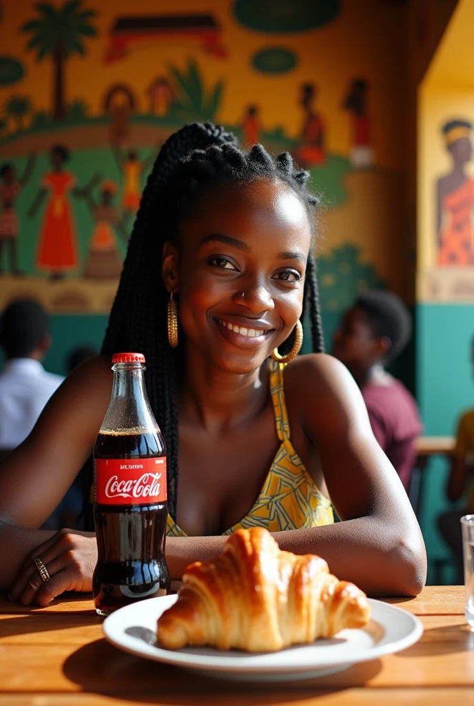 africaine a une table avec un croisant et coca cola