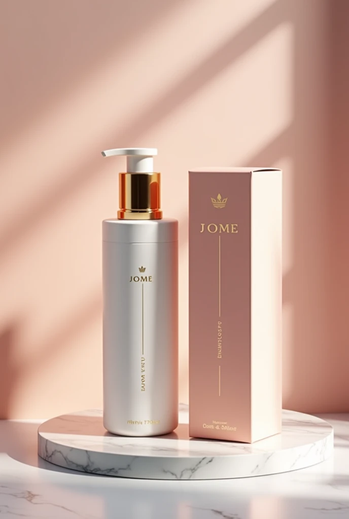 Hair treatment product for damaged hair, whose packaging should be premium line in gold, white and pink with a push-type dispensing valve with an innovative design with the brand name JOME hair treatment and its respective box that appears model