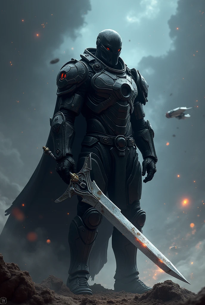 Space dark Tek warrior with a weapon in his hand resting after the war