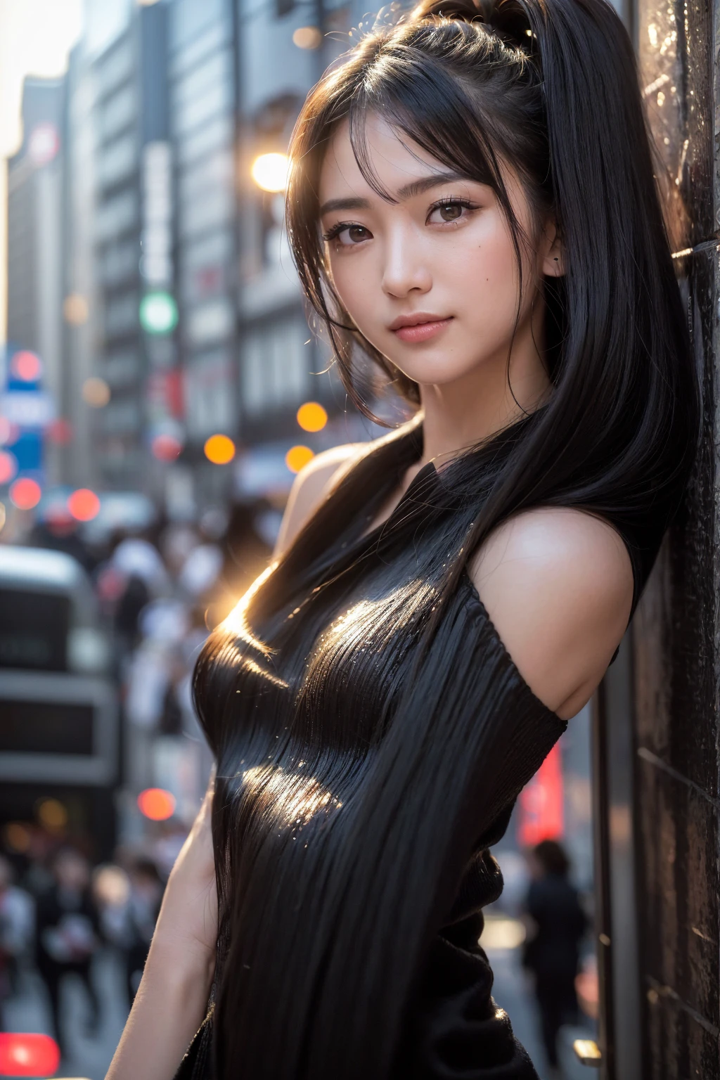 ((hair, Ultra-high resolution, Highest quality, masterpiece: 1.2), (Realistic, PhotoRealistic: 1.37), Super detailed, (Tokyo, Busy Street, sunny: 1.2), Professional Lighting, Photon Mapping, Radio City, Physically Based Rendering, masterpiece, Rich details, (Beautiful Face),(Beautiful Eyes), (Clear Face), (Detailed face description), (Detailed hand description), ( masterpiece), Realistic, Extreme light and shadow, Glowing Skin,Shiny Hair, one person&#39;s, 18-year-old, Japan, cute, (smile,Happy:1.3),(Gradient Brown Hair, short hair, ponytail:1.2),Small Big, thin: 1.2, double, Disheveled Hair, fine clavicle, clavicle, (Small breasts, Flat Chest:1.37),(Dynamic pose, Cowboy Shot: 1.3), (Knitted deep V-neck slip dress, Micro Mini, Side bust, Bare waist, Bare Armpits, Cleavage: 1.2), Face Focus