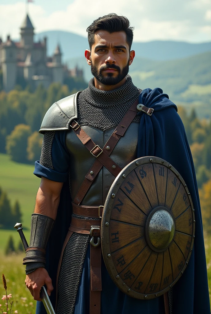 (Photorealism:1.2), In a fantasy medieval world, a knight. 27 ans, 1m80, Short black hair and beard. He has a dark blue short-sleeved shirt. Sa main droite est noire. He has no gauntlets. Il a une épée en fer et un bouclier en bois. He wears a chain mail. 